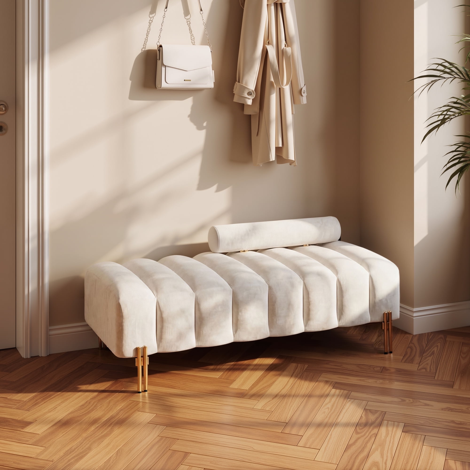 Wiilayok 52" Upholstered Velvet Ottoman Bench,End of Bed Bench with Gold Legs,Tufted Long Bench for Bedroom Living Room Foyer Indoor Entryway, Beige