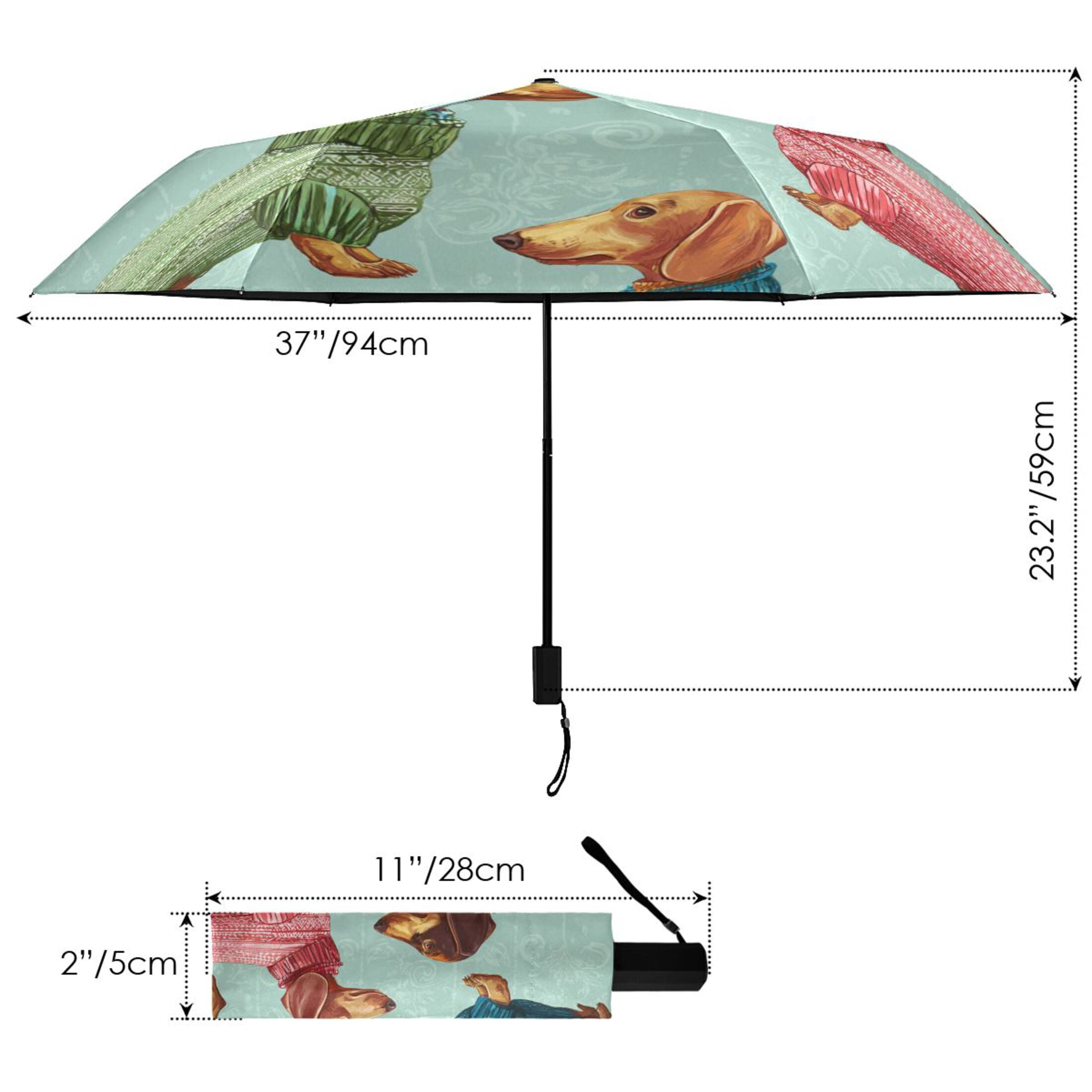 Cute Dachshund in Colorful Sweaters All Weather Umbrella Triple Folding Parasol 6 Ribs UV Protection Portable