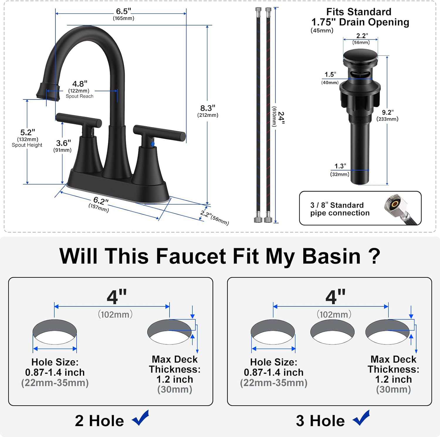 Zovajonia Bathroom Faucets for Sink 3 Hole,  4 inch Matte Black with Pop-up Drain and 2 Supply Hoses, Stainless Steel 2-Handle, for Sink Vanity