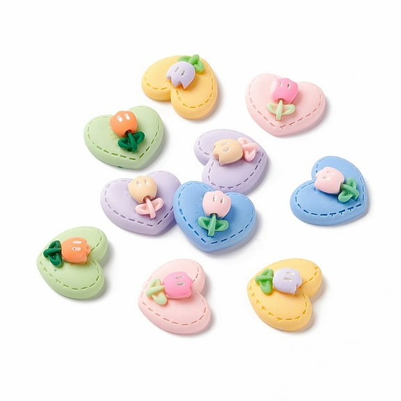 10pc Opaque Resin Cabochons Heart with Flower Mixed Color 17~17.5x20~20.5x8~9mm