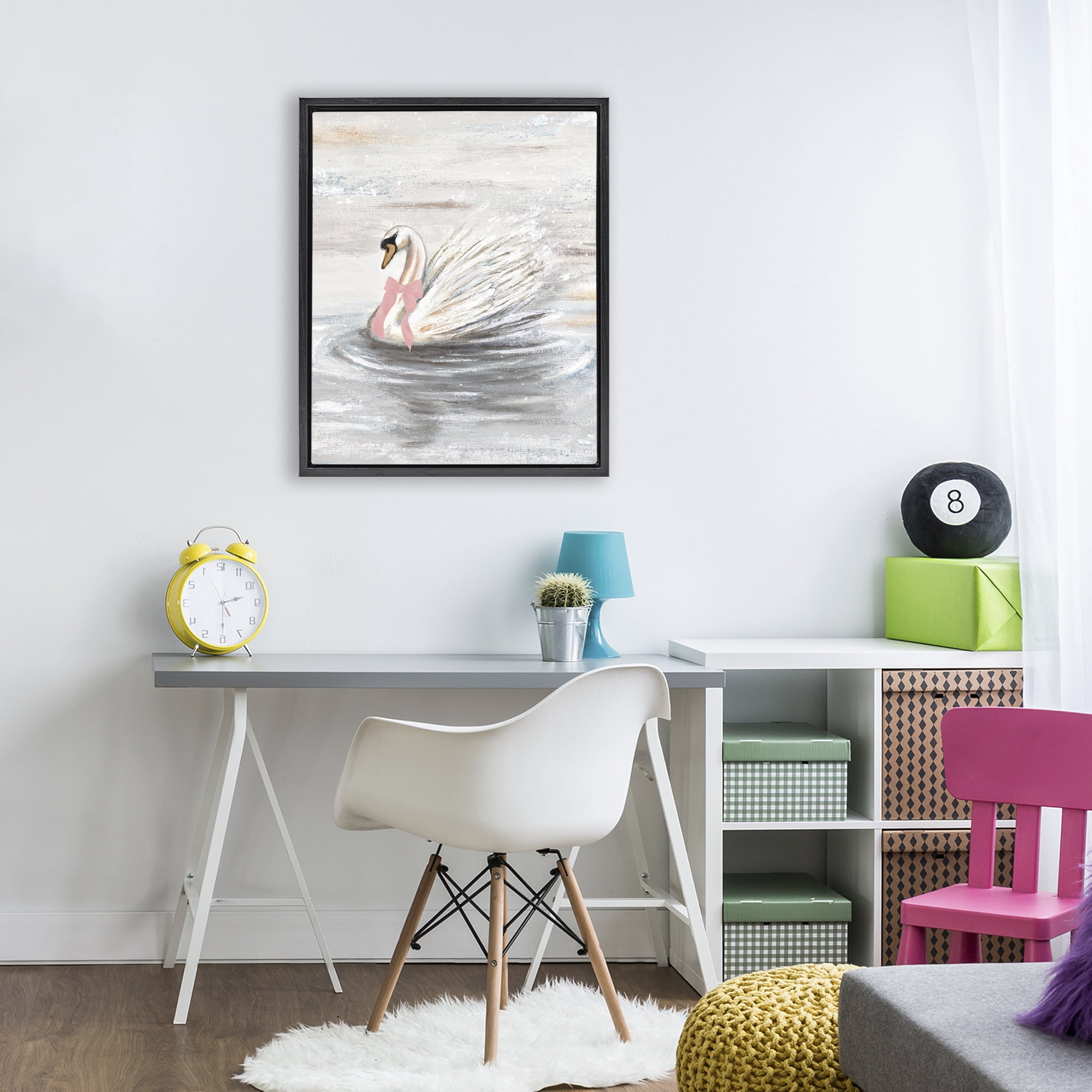 Stupell Industries Swan With Pink Bow & Ripples Black Framed Floater Canvas Wall Art, design by Patricia Pinto