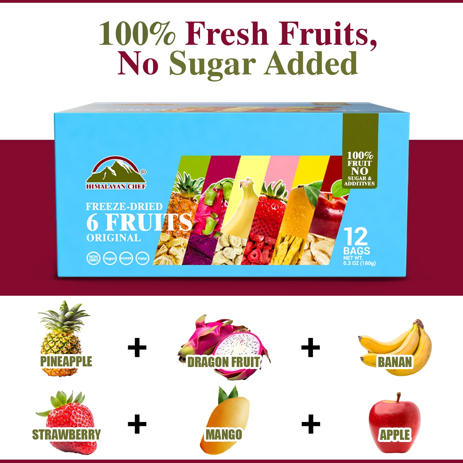 Himalayan Chef Freeze-Dried Fruit Mix (12 Bags) | Healthy Snack for Kids & Adults, 6 Assorted Fruits: Banana, Apple, Mango, Pineapple, Strawberry & Dragon Fruit