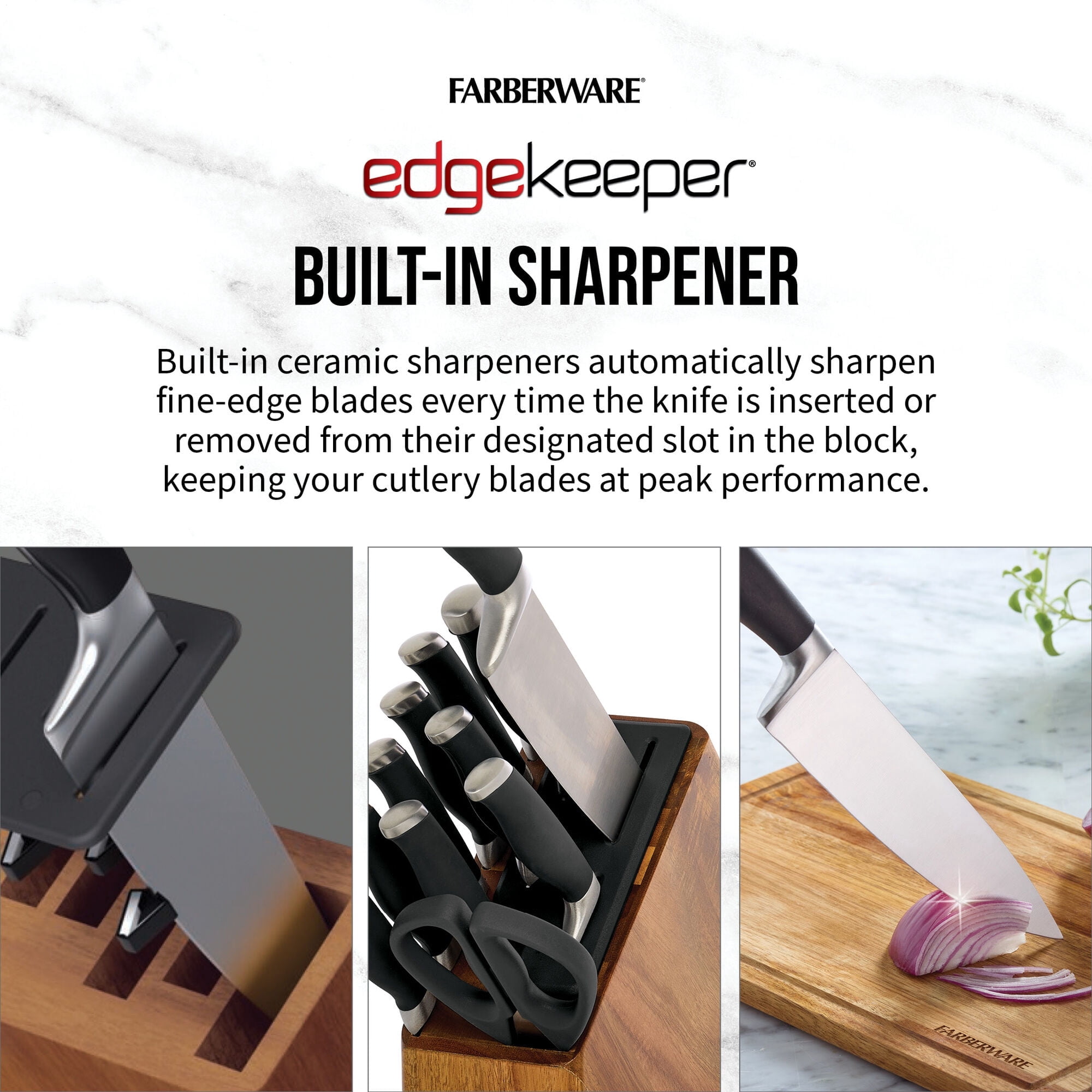 Farberware 13-Pc Forged Soft Grip Acacia Slim Knife Block Set, Edgekeeper Pro Knife Sharpener, Black
