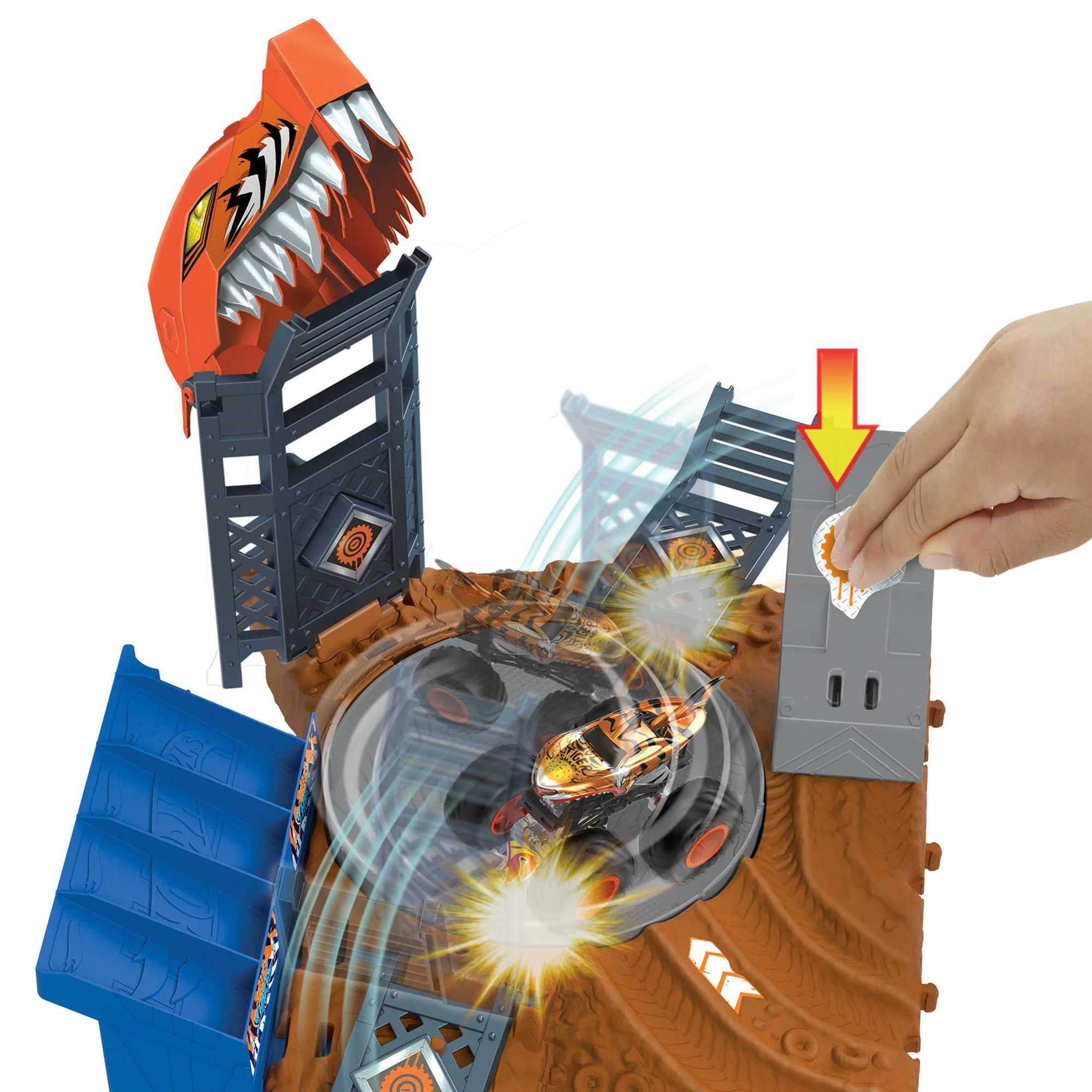 Hot Wheels Attack Car Monster Trucks Tiger Shark SpinOut Challenge with 1 Toy Truck  (图4)
