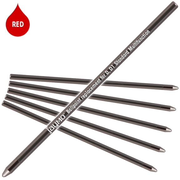 Jaymo Replacement for Cross 8518 and Schmidt 635 - Measures 2.625 in / 67 mm Long - D (D1) Standard Multifunction Mini Ballpoint Pen Refill - 6 Red