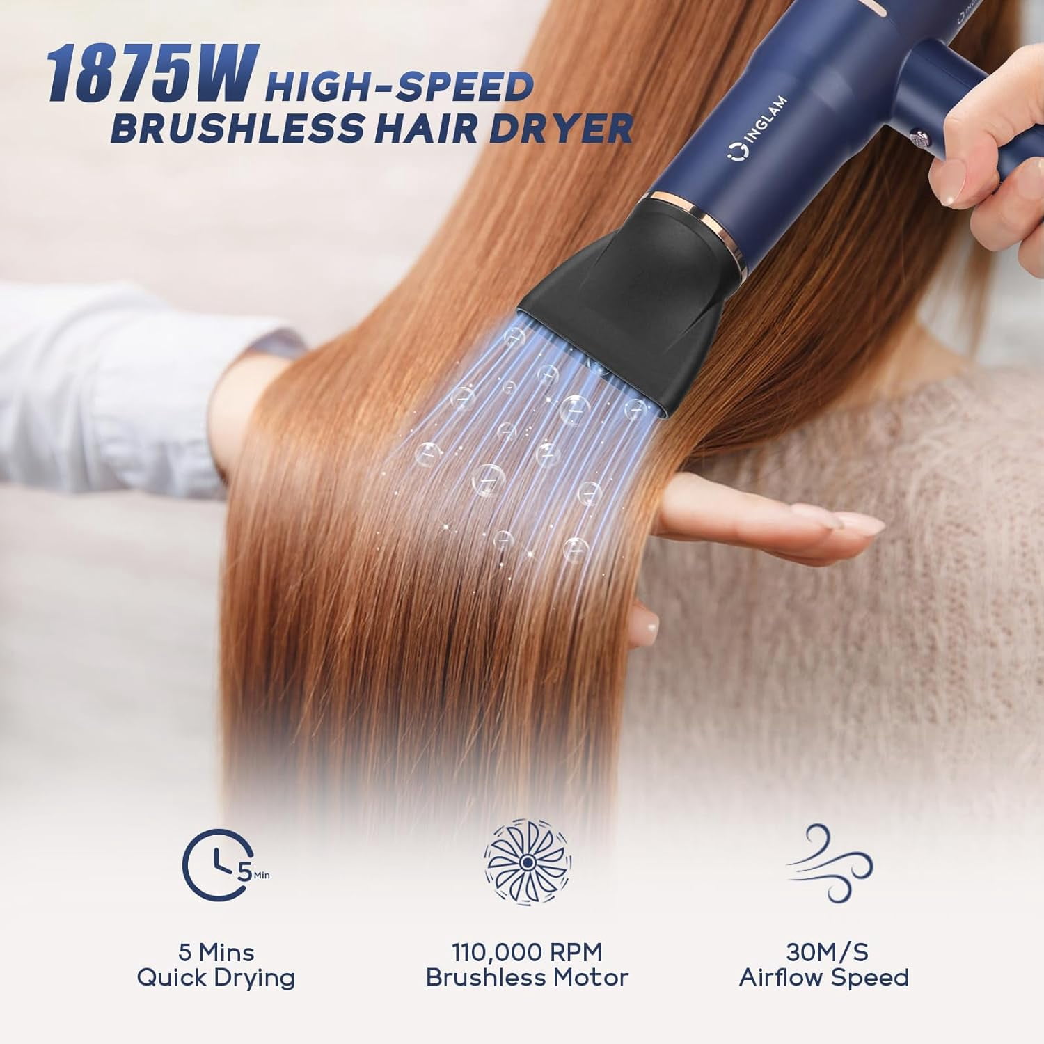 IG INGLAM 1875W ALCI Safety Plug, Lightweight Hair Dryer, 110,000 RPM Brushless Motor, Negative Ion Generator, 3 Heat & Speeds Settings, Auto Clean Function, Portable, 125V, 60HZ