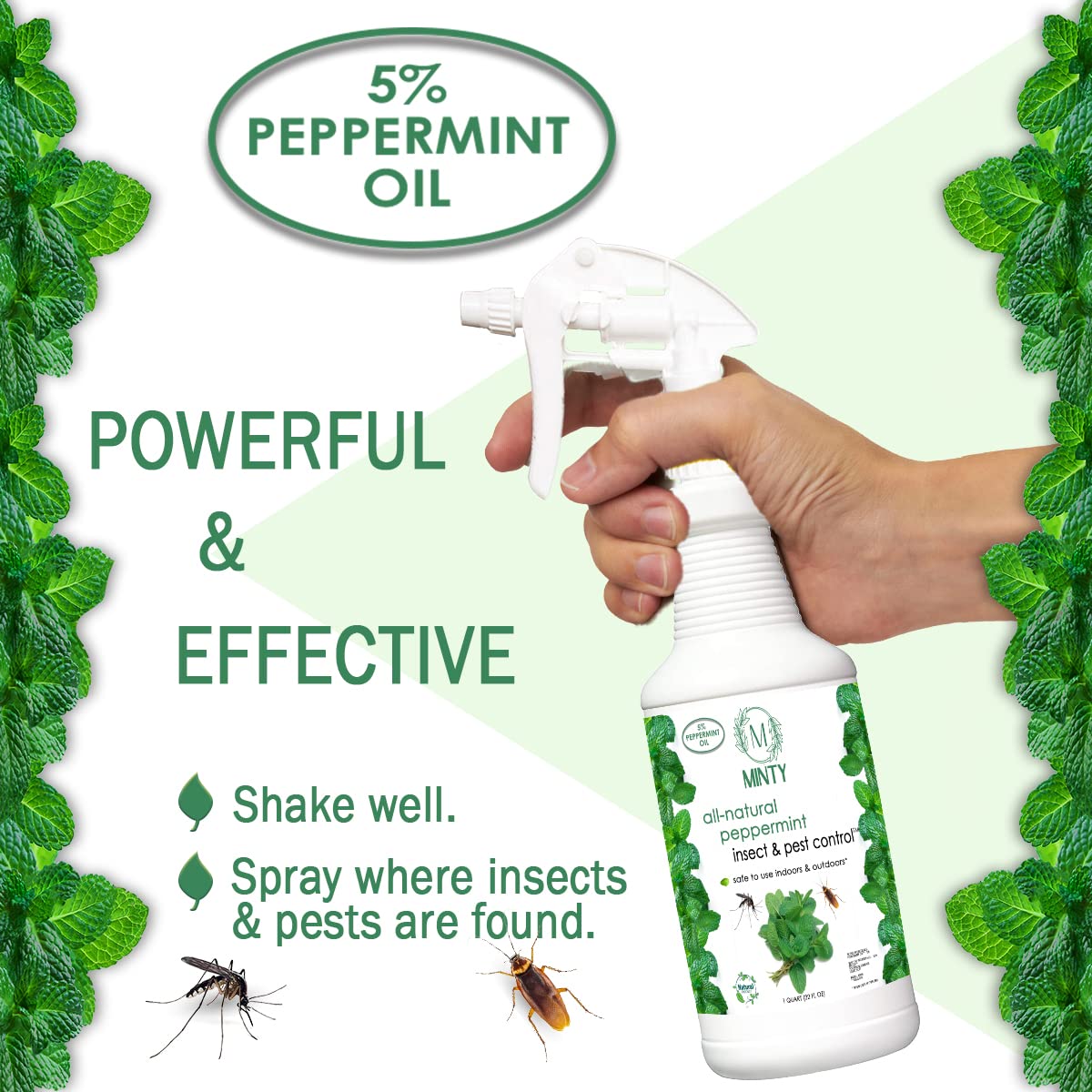 Minty Insect & Pest Control, Powerful & Natural 5% Peppermint Oil Spray for Ants, Spiders, Bed Bugs, Dust Mites, Roaches and More - Indoor and Outdoor Use, 128 fl oz Gallon