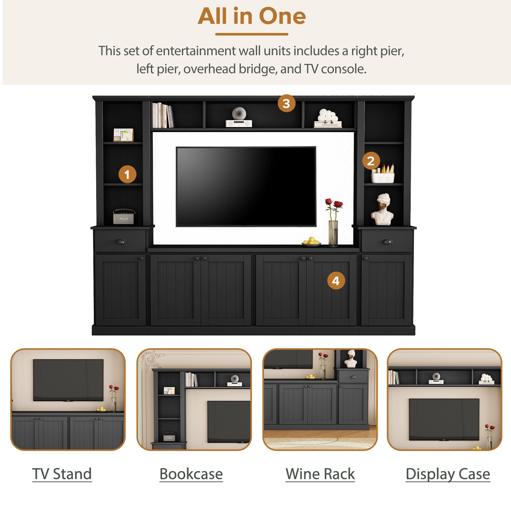 Euroco Minimalist Entertainment Wall Unit Set with Bridge for TVs Up to 75'', Ample Storage Space TV Stand with Adjustable Shelves, Modernist Large Media Console for Living Room