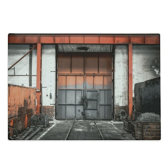Industrial Cutting Board, Worn out Look Gate Entrance in the Grungy Structure Rustic Architecture, Decorative Tempered Glass Cutting and Serving Board, Large Size, Orange Grey White, by Ambesonne