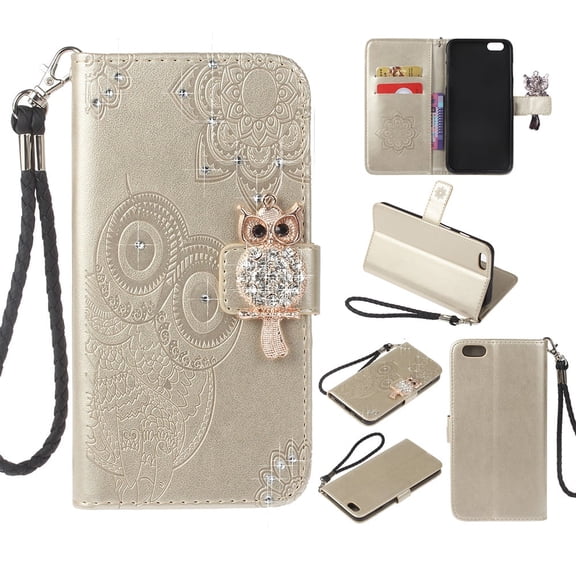 iPhone 6S Plus, iPhone 6 Plus Case, Allytech PU Leather Cute Shiny Owl Protective Kickstand Folio Flip Cards & Cash Slots Pouch Anti-Slip Wallet Case Cover for Apple iPhone 6S Plus / 6 Plus, Gold