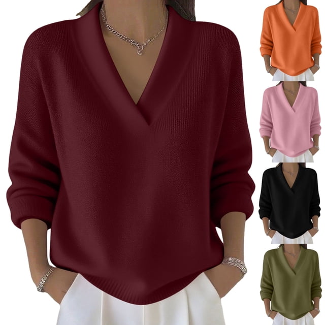 Cadancy Suéter Tops para Mujer Cuello en V Manga Larga Jersey Elegante Casual Suéteres de Punto Más Tamaño Suelto Color Sólido Acogedor Moda Otoño Invierno Ropa,Wine,M