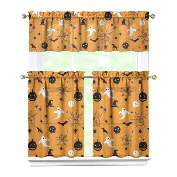 Halloween Vintage Style Kitchen Curtains - Spooky Cute Ghost Bat Pattern Rod Pocket Treatments