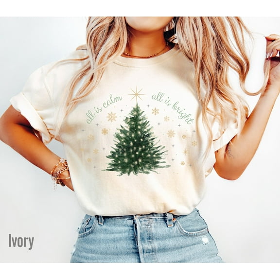 All Is Calm All Is Bright Christmas Tree Graphic Print T-Shirt | Peaceful Holiday Design | Black Tee