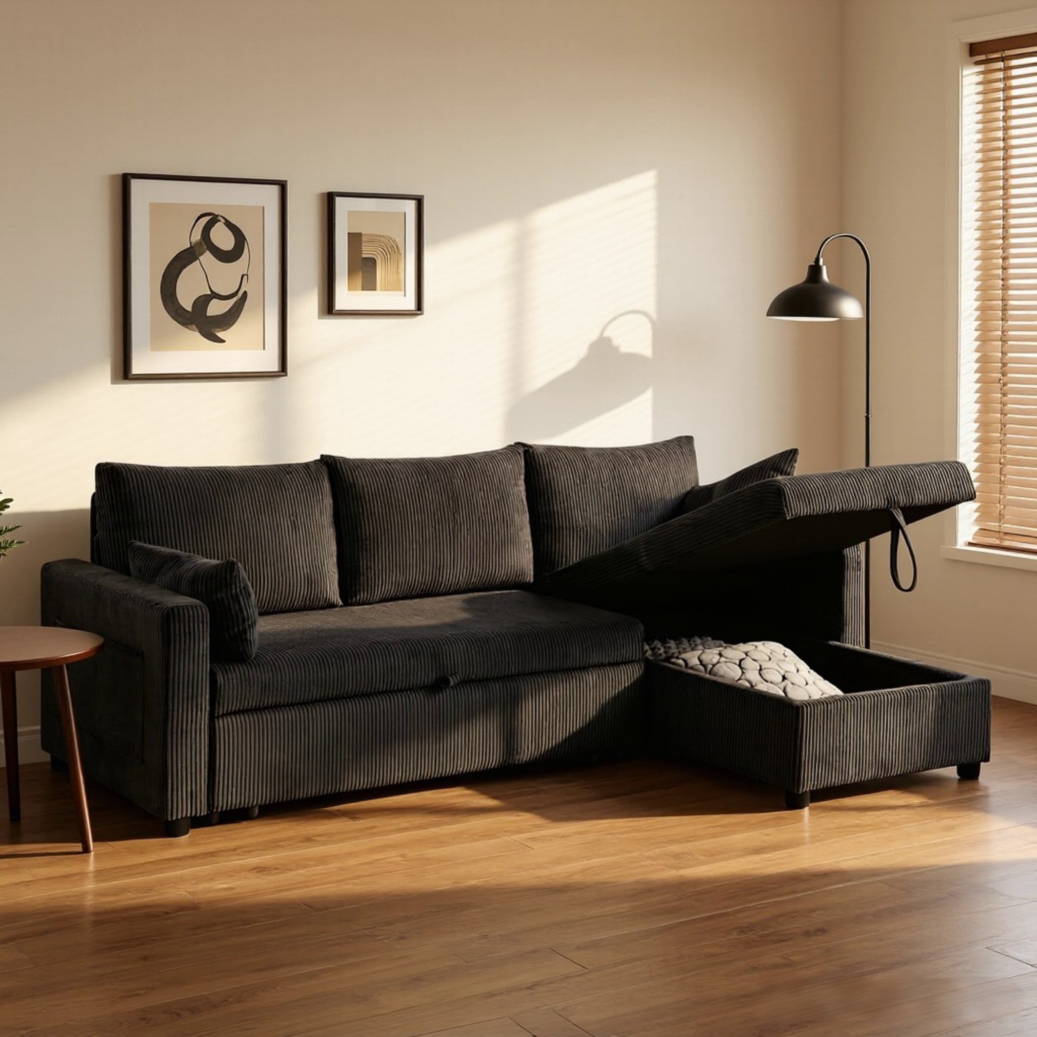 BSHTI L-Shaped Pull-Out Sleeper Sofa Bed with Storage Chaise, 3-Seater Convertible Corduroy Sectional Couch, Solid Wood & Iron Frame, Black