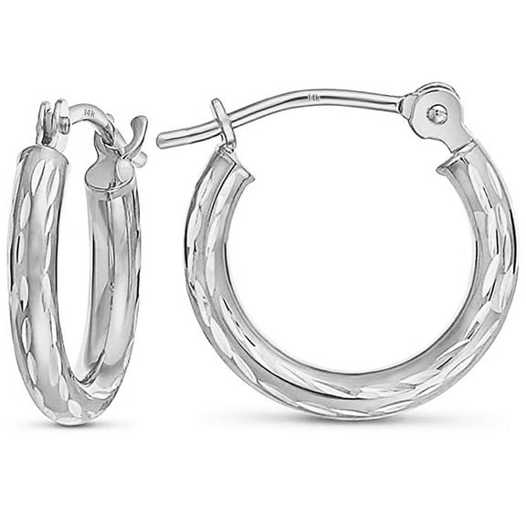 Tiny 14k White Gold Diamond-cut Engraved Small Hoop Earrings