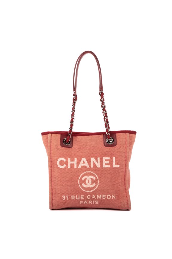 Pre-Owned Chanel Salmon Deauville Shopper Small Shoulder Bag Fabric Canvas