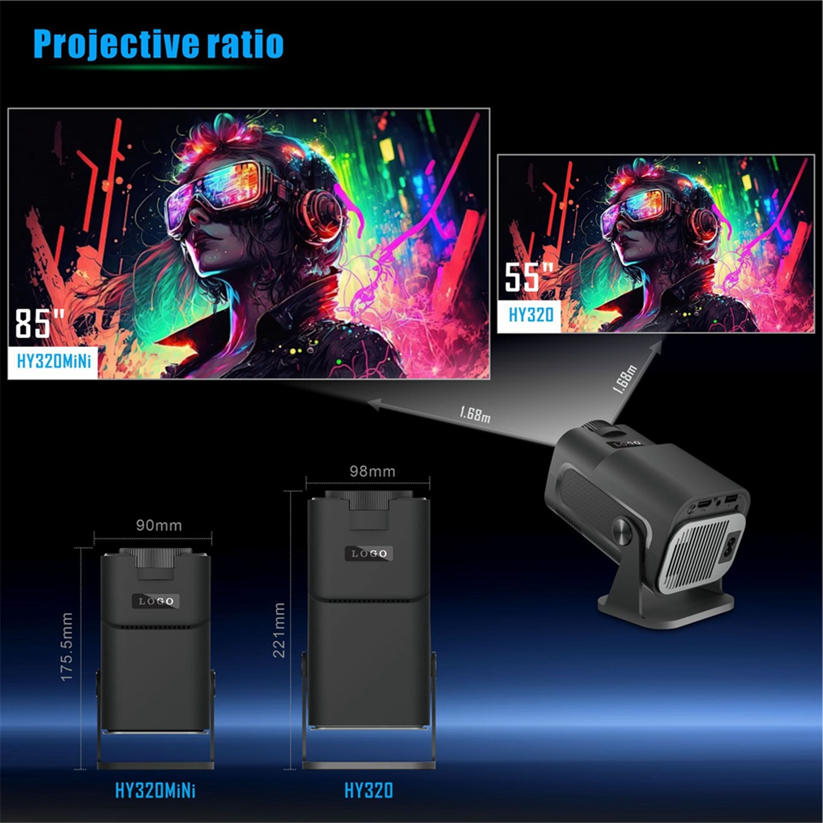 HY320 Mini Native 720P Android 11 Projector 200ANSI Wifi6 BT5.0 Cinema Outdoor Portable 180° Rotable Projector,US Plug