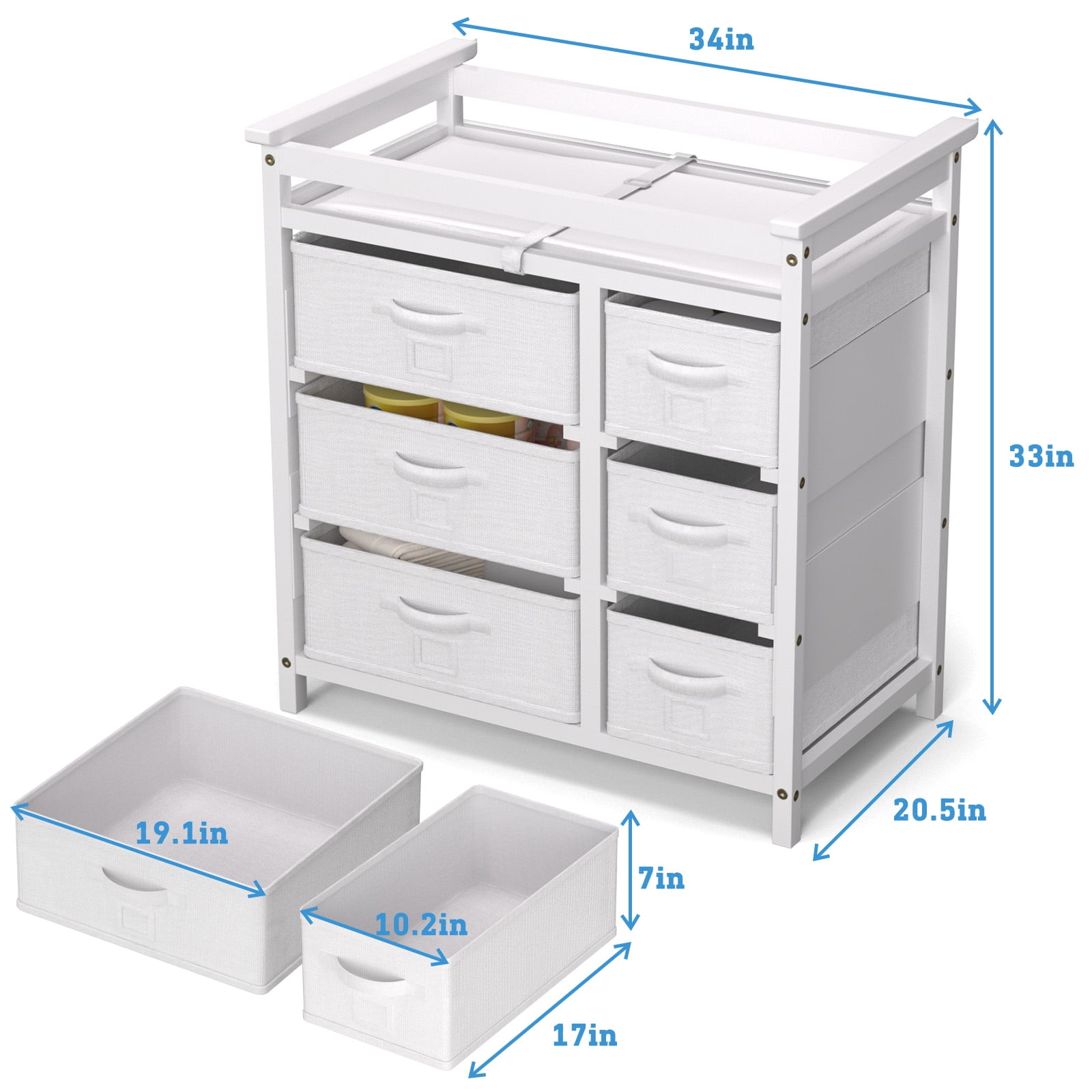 YUFU Baby Changing Table Diaper Changing Station with 6 Fabric Drawers Changing Pad, White