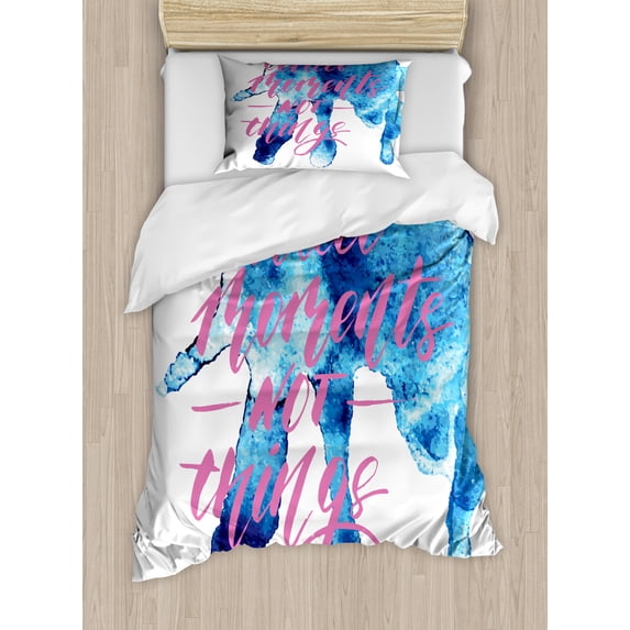 Saying Duvet Cover Set Twin Size, Watercolor Splatters and Calligraphy Stains Concept Expressing, Decorative 2 Piece Bedding Set with 1 Pillow Sham, Indigo Pink, by Ambesonne