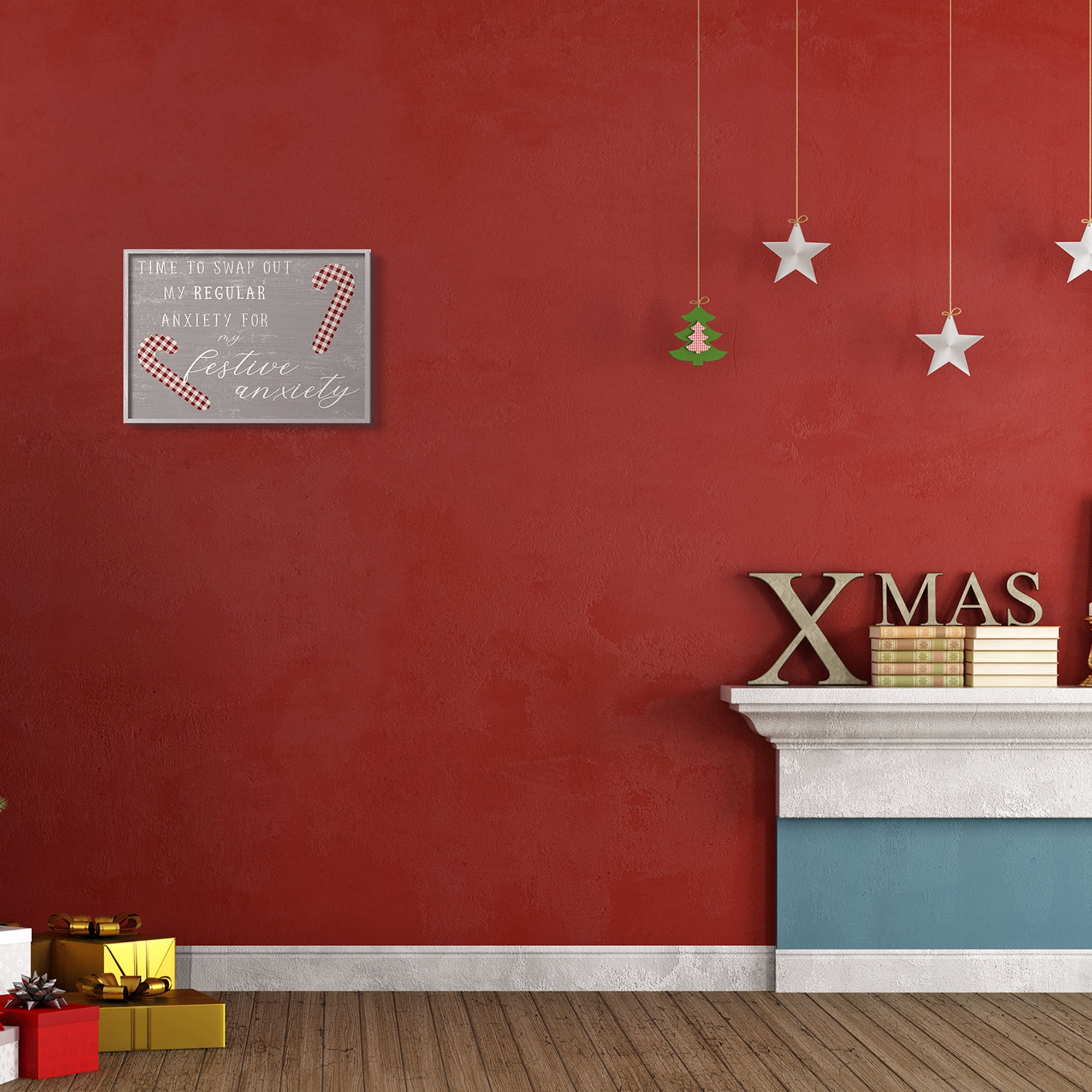 Stupell Industries Festive Anxiety Time Chistmas Saying Plaid Candy Canes Inspirational Painting Gray Framed Art Print Wall Art, 11 x 14