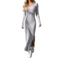 thumbnail image 3 of Tqcoqu Women's Solid Ribbed Knit Maxi Dresses,Lapel V Neck Long Sleeve Slim Fit Dress,Side Slit Business Elegant Maxi Dress,Gray Women's S-XXL, 3 of 7