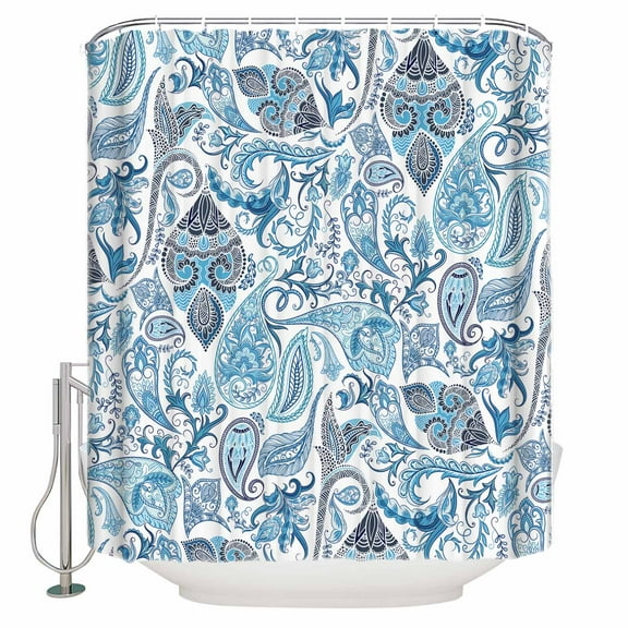 Extra Long Shower Curtain 72x96 Inch, Blue Paisley Shower Curtain Waterproof Bathroom Decor Ethnic Abstract Art Vintage Fabric Bath Curtain Set Accessories with Hooks
