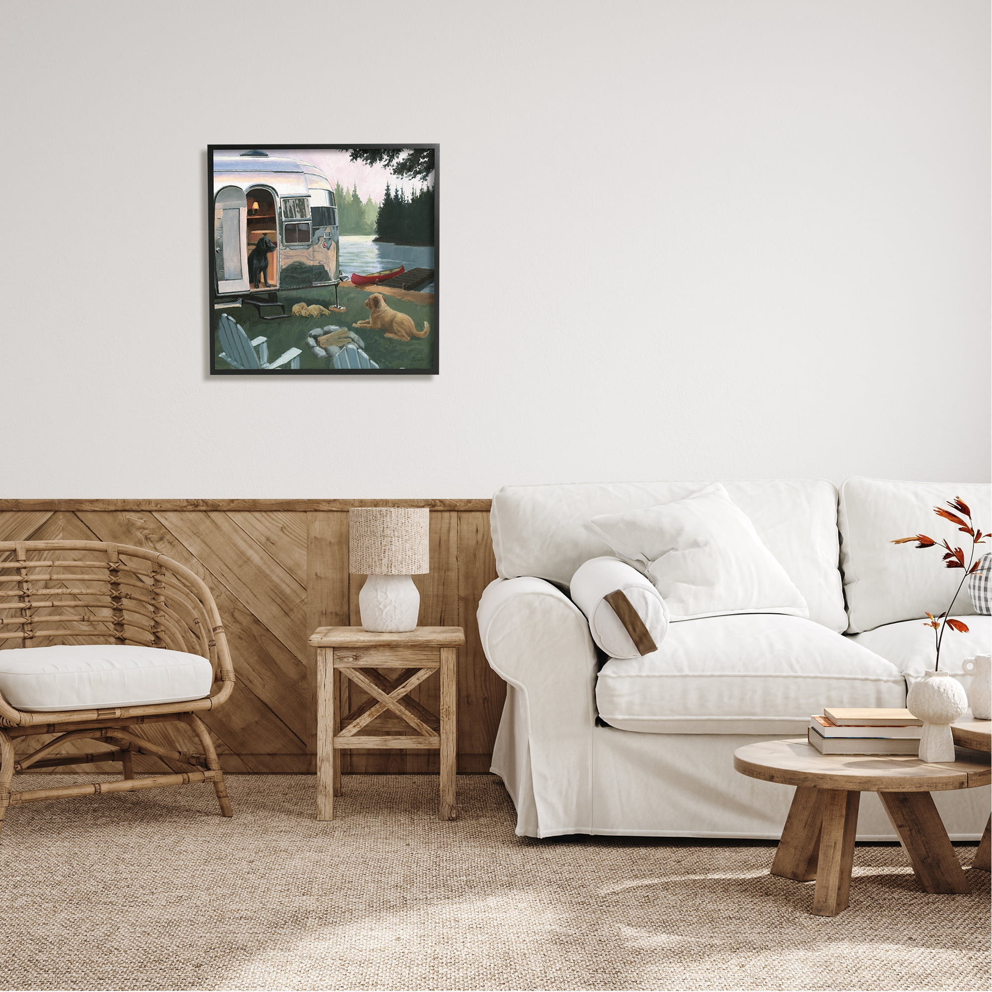 Stupell Industries Camping Dogs at Lake Nature Painting Black Framed Art Print Wall Art, 24 x 24