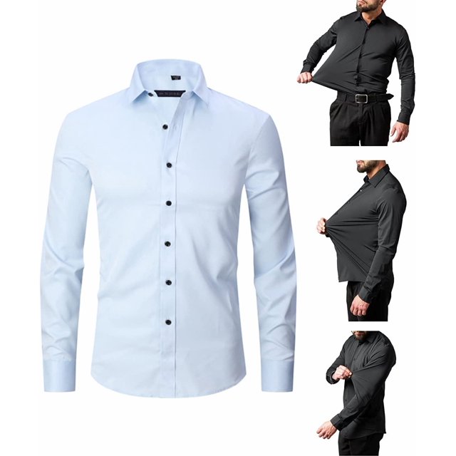 Xishao Camisa elástica antiarrugas para hombre, manga larga, con botones, ajuste delgado, casual, para negocios, formal Xishao ropa