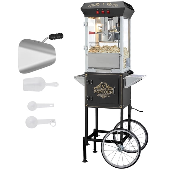 Commercial Popcorn Maker Machine with Cart 850W 8 Oz Kettle 48 Cups per Batch Movie Theater Style Popcorn Popper with Tempered Glass Cabinet and Warming Light for Parties Events Fundraisers Home Use