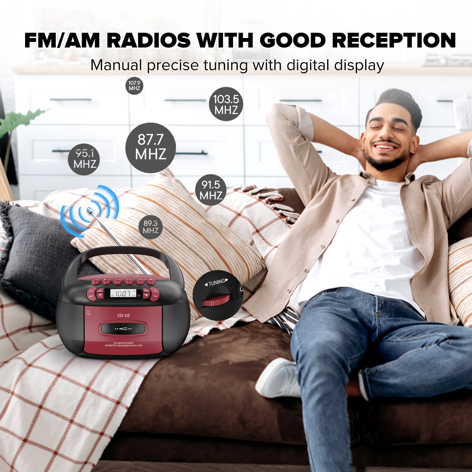 Boombox CD Cassette Player Combo, Boom Box and AM FM Radio with Bluetooth for Home & Outdoor, Stereo Sound with Remote Control