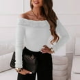 thumbnail image 4 of HAiming Women Long Sleeve off Shoulder Tops Solid Color Lace Patchwork Slim Ribbed Knit Shirts Casual Pullover Blouse, 4 of 8