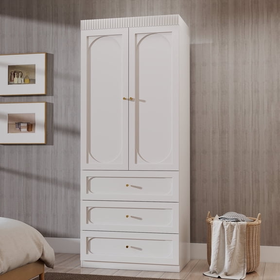 75" Armoire Wardrobe Closet with 3 Drawers, 2 Door Wardrobe Cabinet with Hanging Rod, Clothes Storage Cabinet for Bedroom