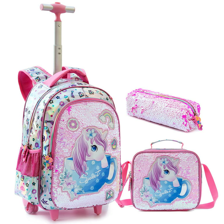 Girls Backpack Rainbow Glitter Kids School Bookbag 3 in 1 Set School Bag with Lunch Bag Pencil Case