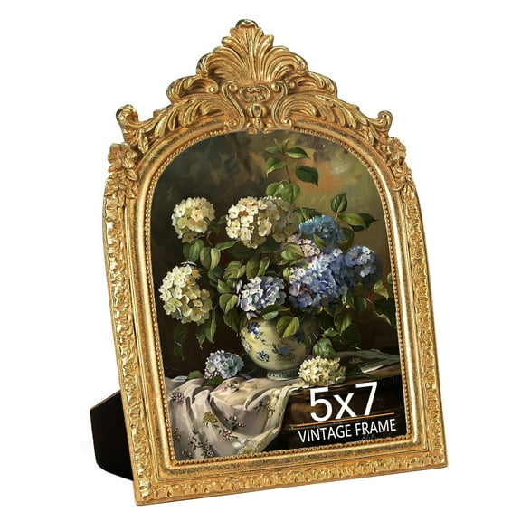 GARITIN 5x7 Picture Frame, Vintage Gold Tabletop Photo Frame with Glass Front for Home, Desk, Living Room, and Bedroom Decor