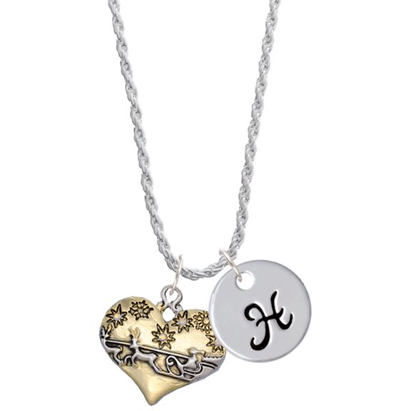 Delight Jewelry Two-tone Large Flying Santa on Heart Silvertone Script Initial Disc - H - Charm Necklace, 20"+3"