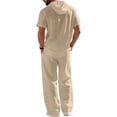 thumbnail image 6 of mihongmao Summer Cruise Outfits for Men Beach Outfits Man Style Solid Color Casual Fashion Hooded Pocket Short Sleeved Shirt Drawstring Waist Long Pants Beach Sets Khaki M, 6 of 8