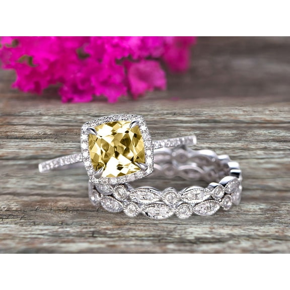 Milgrain Halo Art Deco 3.05 Carat 7mm Cushion Cut Champagne Diamond Moissanite Wedding Ring Set On 10k White Gold With Two Matching Band Anniversary Ring