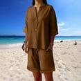 thumbnail image 6 of Jinhomg Shorts Sets Women 2 Piece Outfits Cotton Linen Short Sleeve Shorts Lounge Wear Buttons Down V Neck Tracksuits Brown,S, 6 of 7