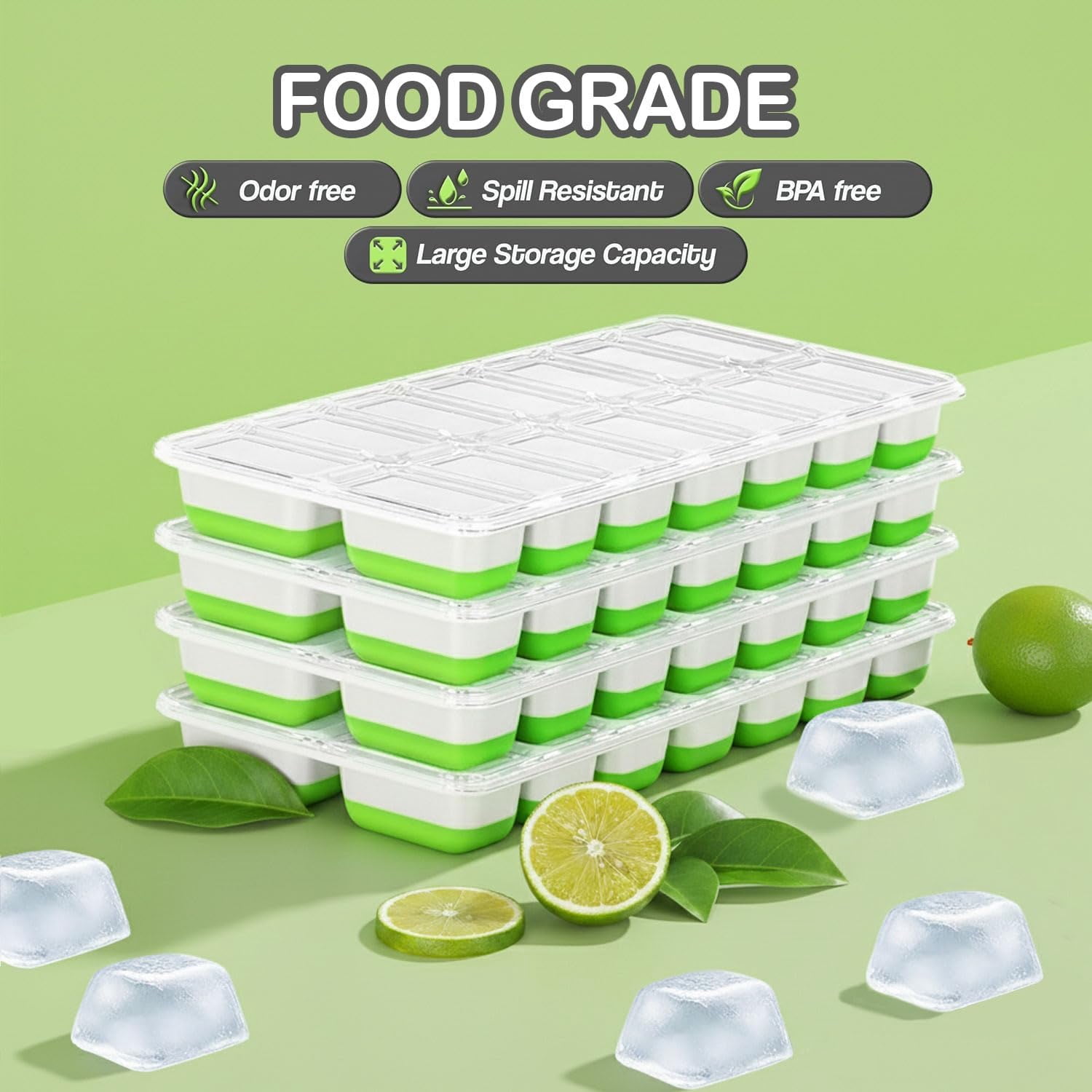 56pcs Ice Cube Tray With Lid And Bin - Stackable 4 Trays Silicone Plastic Freezer Mold  Large Bucket Scoop Tong & 2 Ss Straws Easy Release Maker For Cocktail Coffee Rv