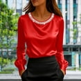 thumbnail image 2 of Women's Satin Long Sleeve Round Neck Top Blouse Shirt with Pearl Embellishment Solid Color Elegant Commuting Work Office Business Casual Outfits Fashion Essential Gift for Women, 2 of 9