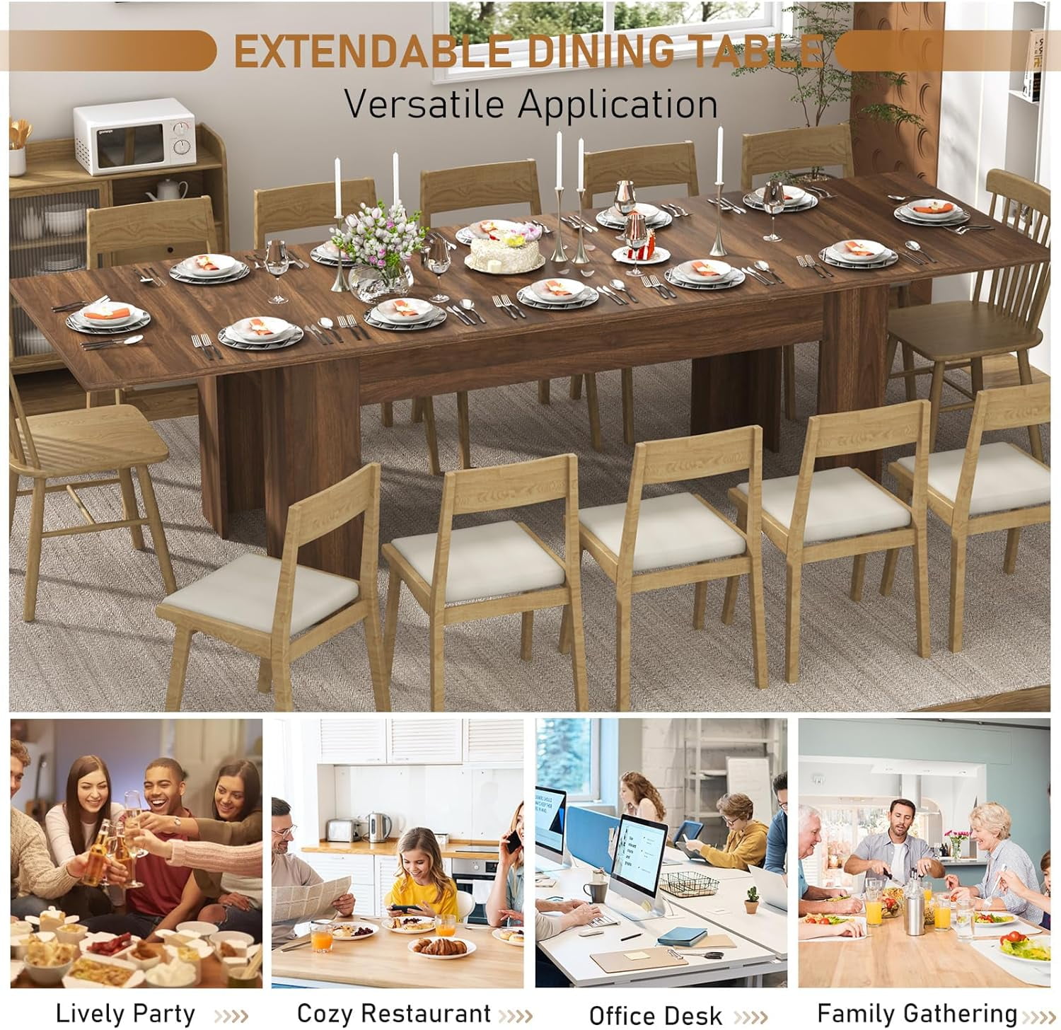 ChVans 70.8"-110" Extendable Dining Table for 6-12 Person, Large Wood Kitchen Table, Rectangular Table for Gatherings, Meeting for Small Kitchens, Dining Office Areas