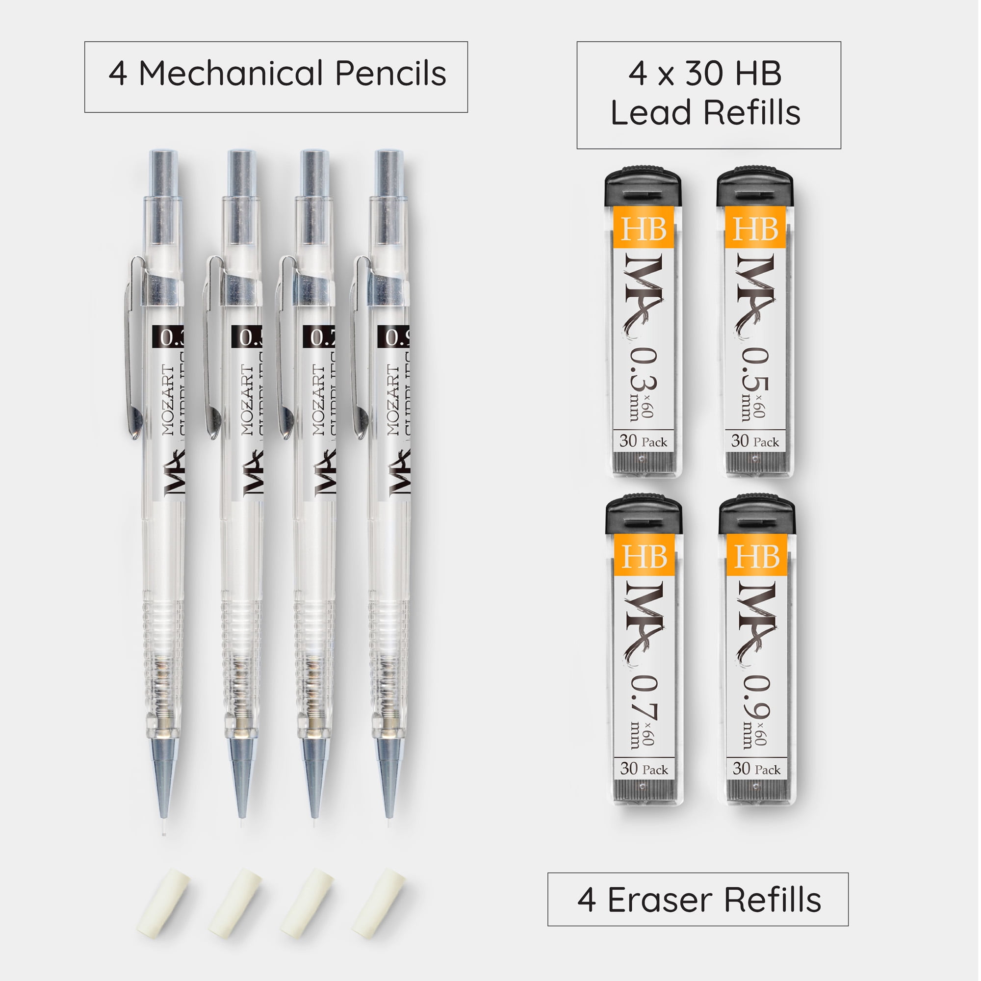 Essential Mechanical Pencil Set with HB Lead Eraser Refills Drafting,  Sketching, Illustrations, Engineering Architecture MozArt Supplies - 4  Sizes