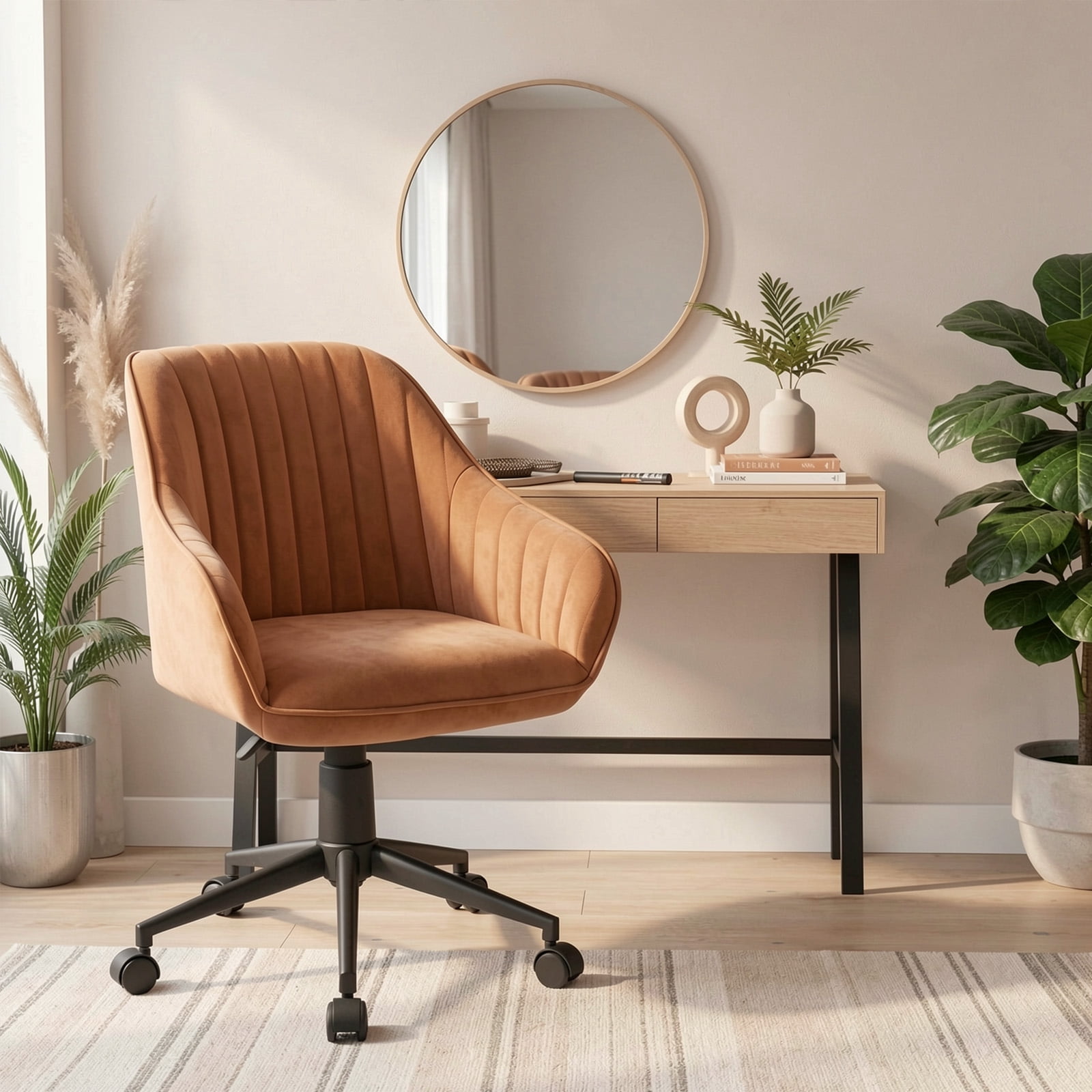Furnibear Modern Home Office Chair Ergonomic PU Leather Swivel Task Chair Adjustable Height Computer Desk Chair with Curved Backrest, Brown