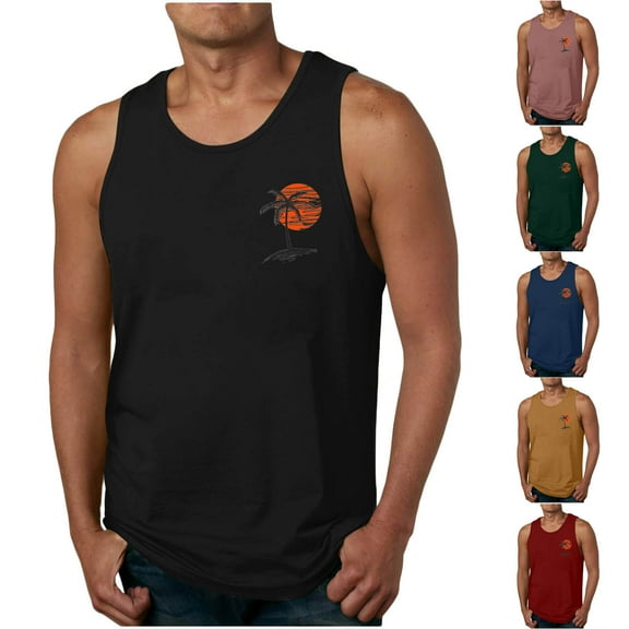 Men's Tank Tops Casual Fashion Summer Sleeveless Shirt Beach Graphic Printing Pullover Round Neck Sports Tank Workout Gym Shirts