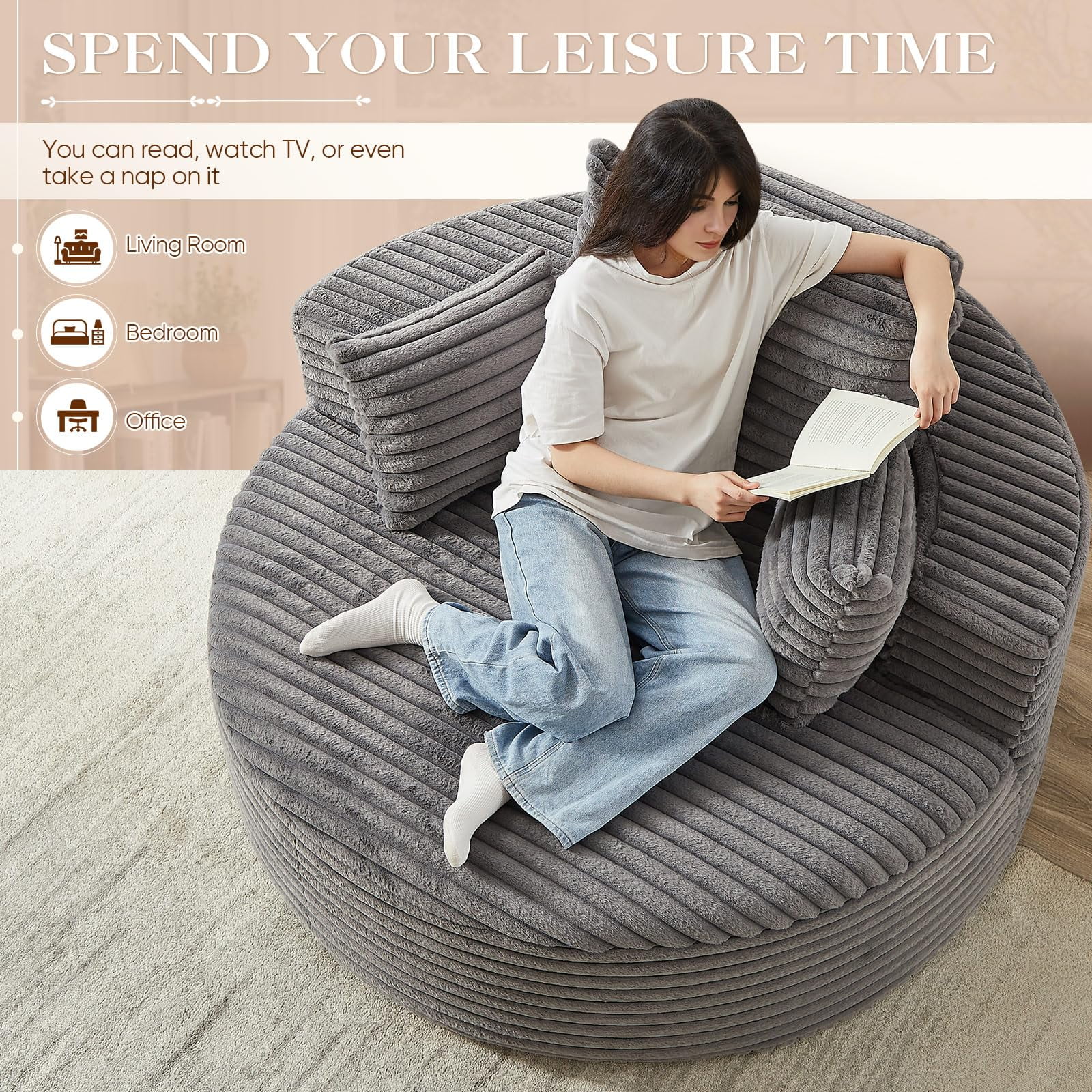Aukfa 55" Oversized Round Chaise Lounge Chair Indoor, Corduroy Upholstered Sleeper Chair with Deep Seat & Pillows, Gray