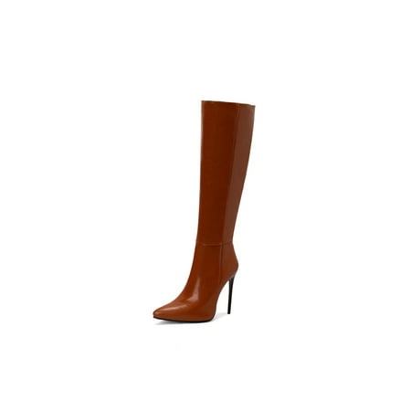 

Woobling Ladies Comfortable Knee High Boot Pointed Toe Tall Boots Party Side Zip Dress Shoes Dark Brown 7