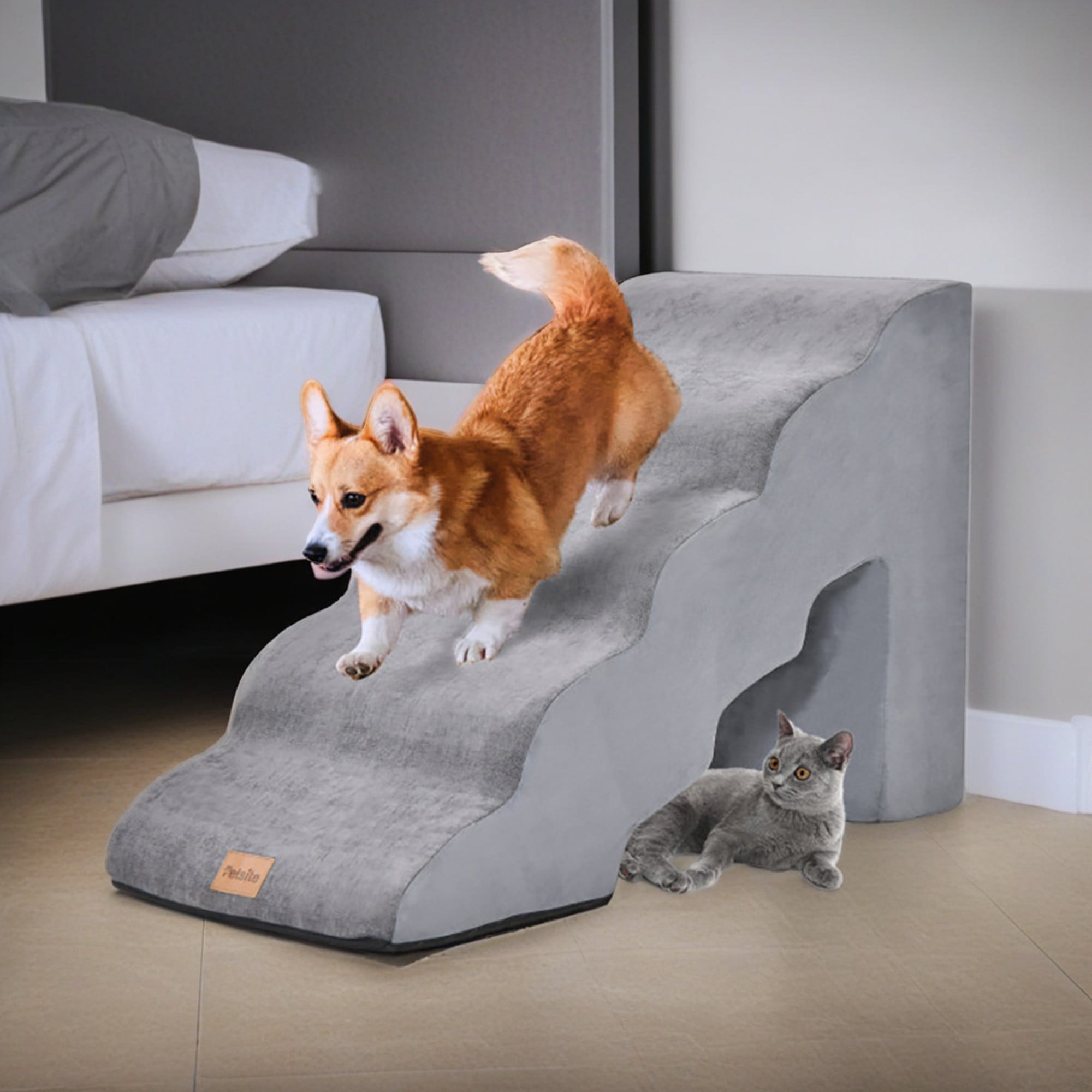 resenkos 33" Dog Stairs for Small Pets with High-Density Sponge and Silicone Paw Prints, 5-Step Dog Ramp for Beds and Couch, Gray