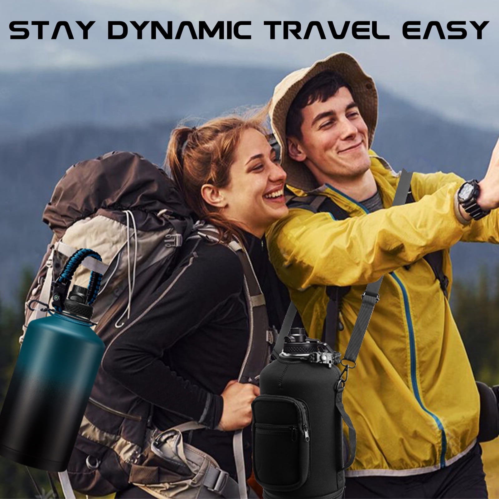 128oz Insulated Water Bottle Flask with Straw, Auto Spout Lids, Paracord Handle & Bottle Carrier, Vacuum 1 Gallon Stainless Steel Water Jug for Travel Hiking Camping Work