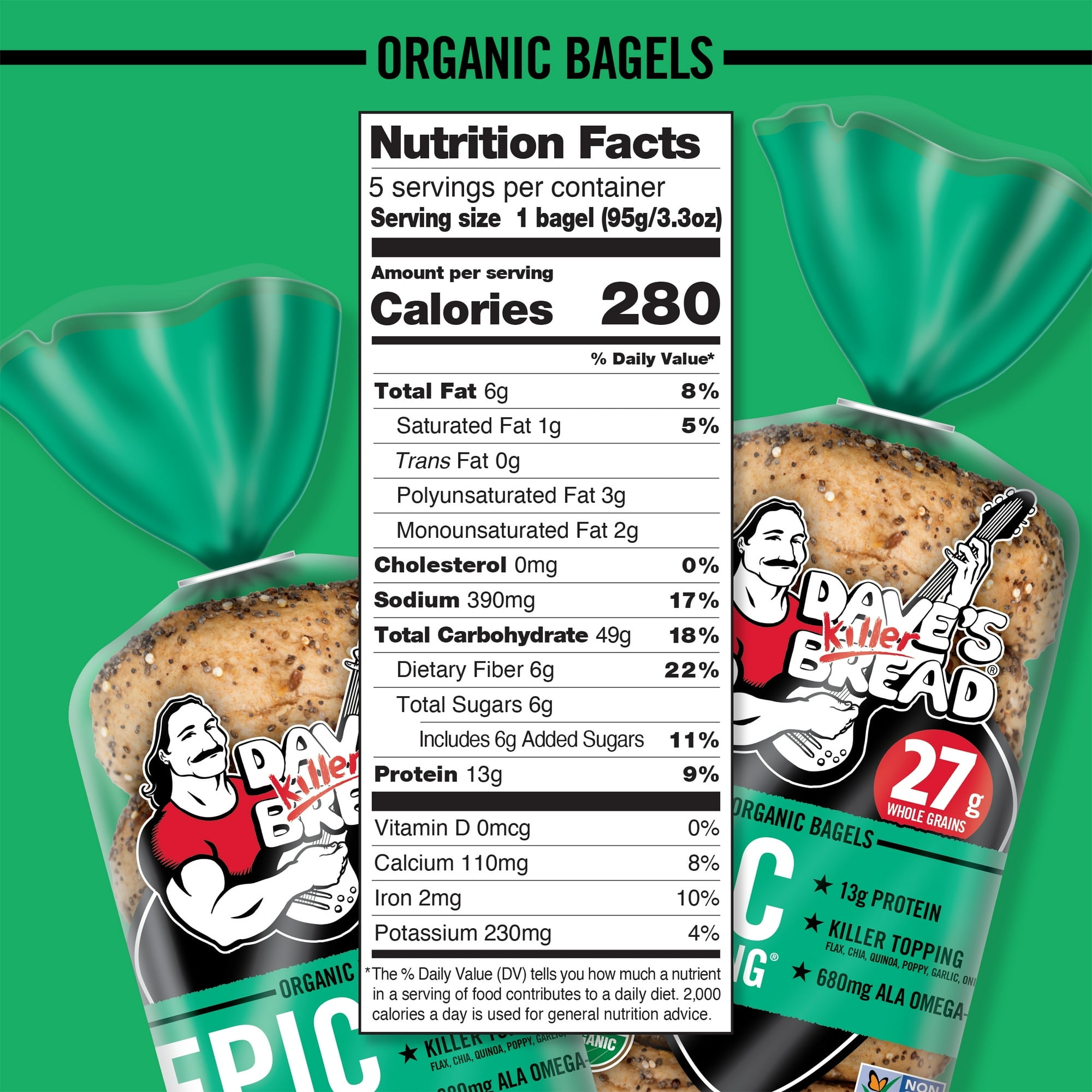 Dave's Killer Bread Epic Everything Organic Bagels, 16.75 oz, 5 Ct