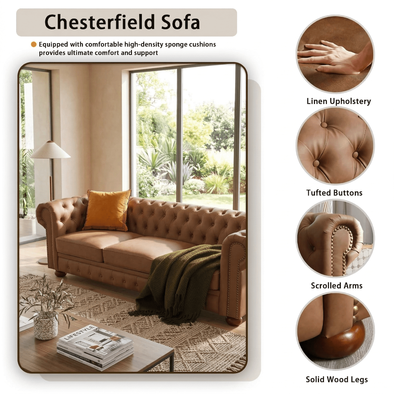 Xiweot Classic Chesterfield Sofa, Mid Century Modern Couch with Deep Seat for Living Room, Office & Apartment